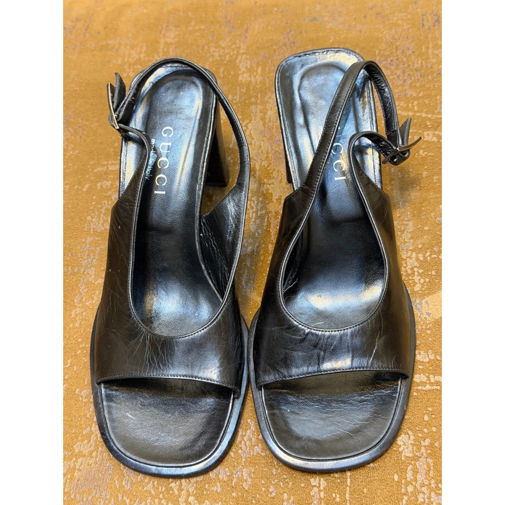 Gucci Black Leather Slingback Block Heel Sandals Square Toe Italy Size 37C